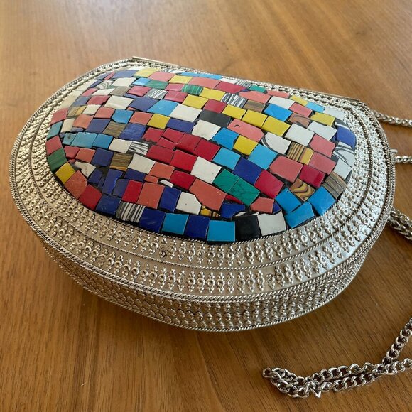 RAMLA L’Oriental Mosaic Bag - Multi-color Tile - Silver Chain Strap - Picture 4 of 9